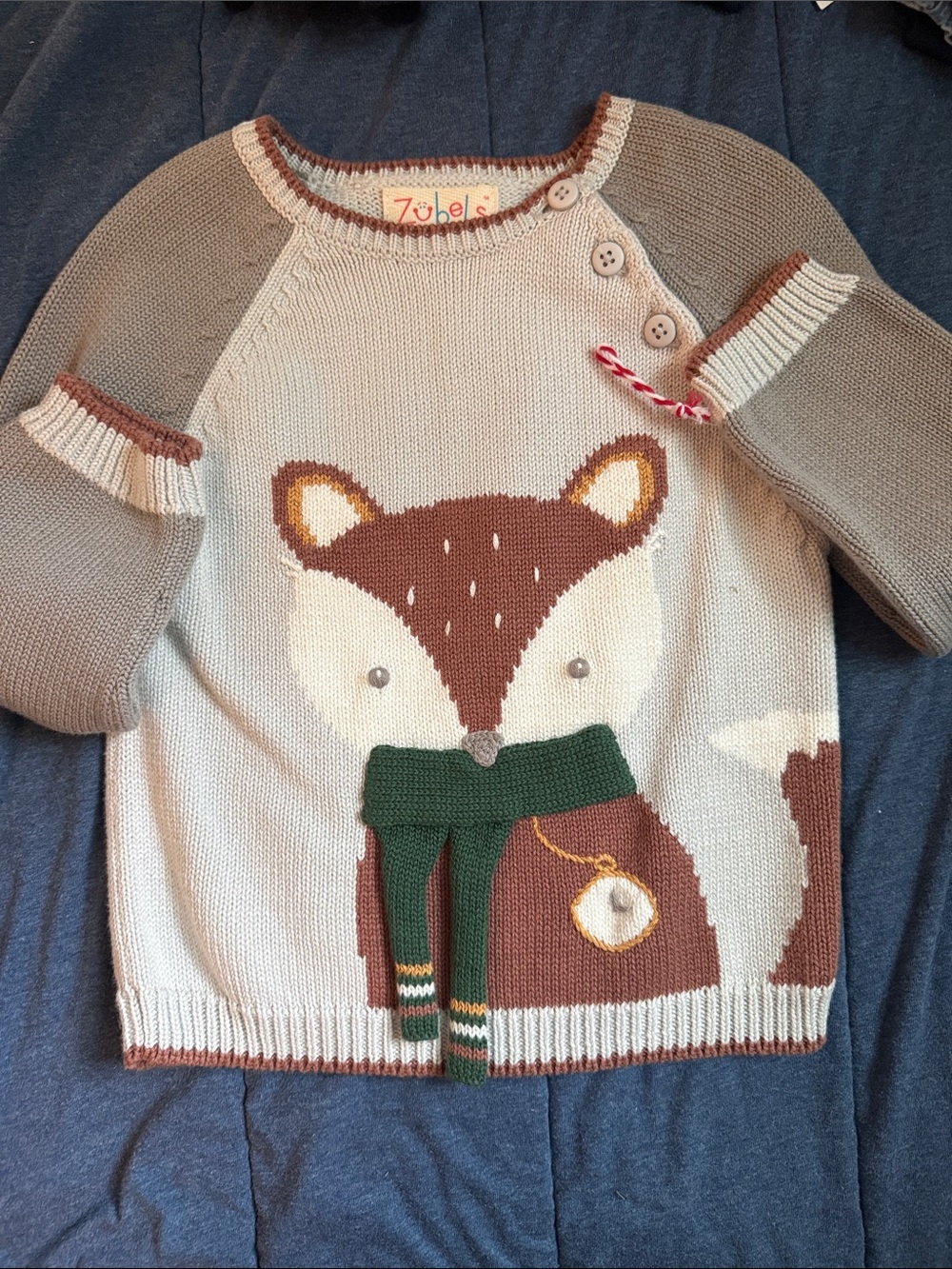 Zubels Kids Fox Sweater - Cream & Brown with Green Scarf
